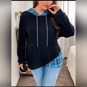 SHEIN LUNE Plus Size Plaid Patchwork Drawstring Hoodie Sweatshirt. Size 12 (0xl)